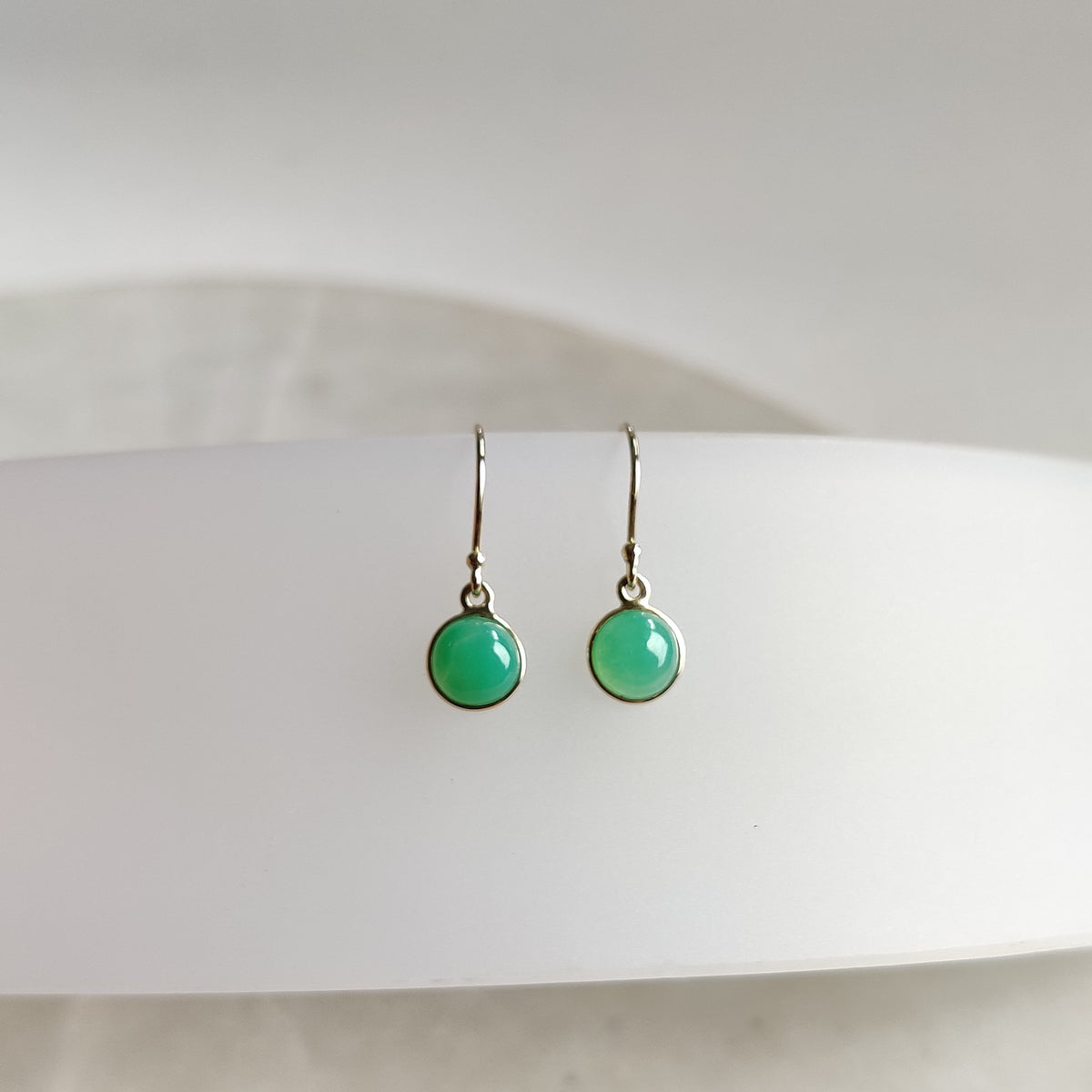 14K Solid Gold Natural Chrysoprase Earrings: Round May Birthstone Jewelry