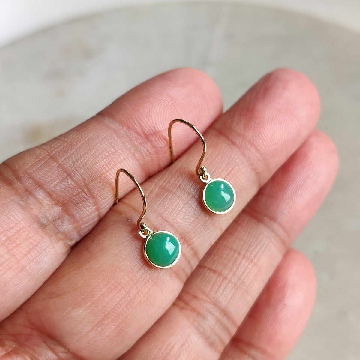 14K Solid Gold Natural Chrysoprase Earrings: Round May Birthstone Jewelry