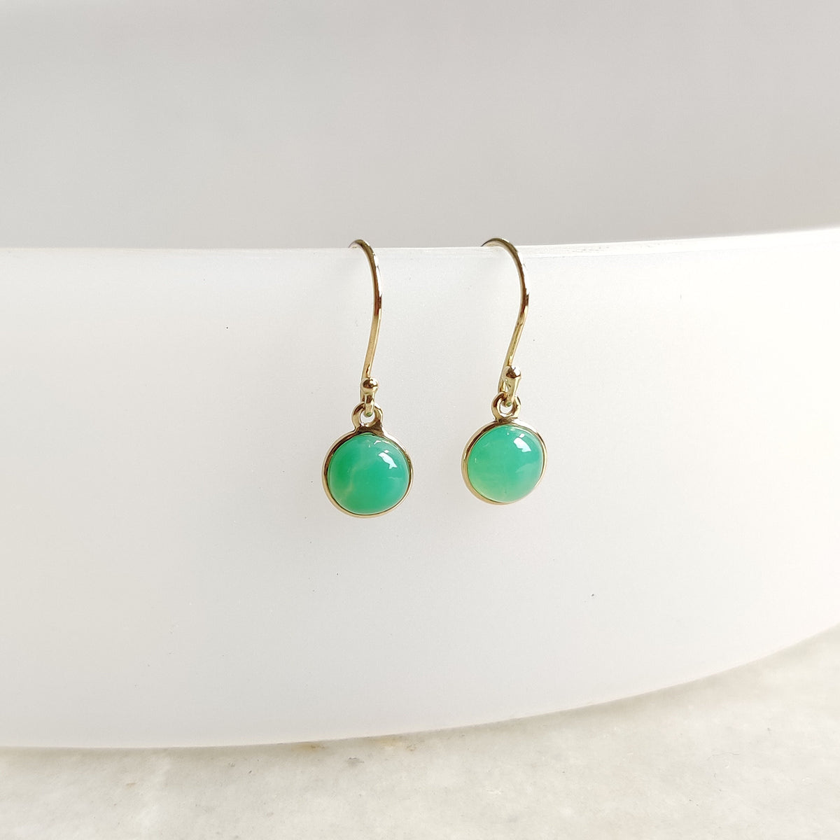 14K Solid Gold Natural Chrysoprase Earrings: Round May Birthstone Jewelry