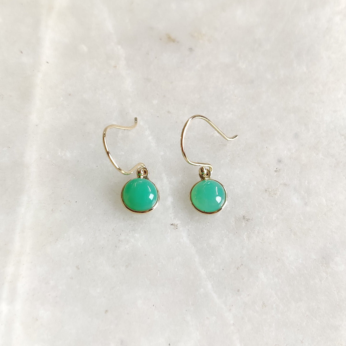 14K Solid Gold Natural Chrysoprase Earrings: Round May Birthstone Jewelry