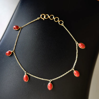 Natural Coral Bracelet, 14K Yellow Gold Coral Bracelet, Chain Bracelet, Dainty Gemstone Bracelet, October Birthstone, Christmas Gift