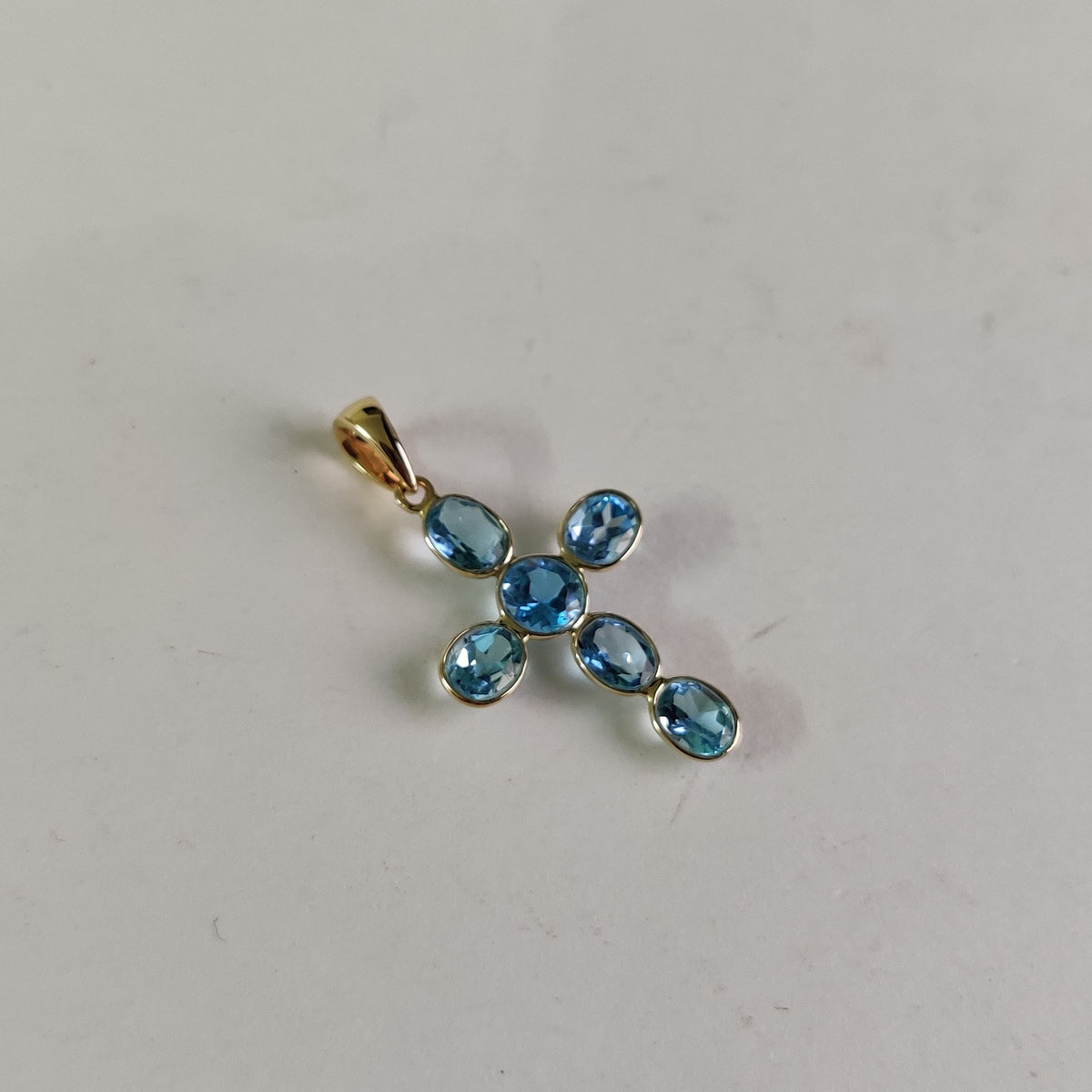 14K Solid Gold Natural Swiss Blue Topaz Cross Pendant, December Birthstone