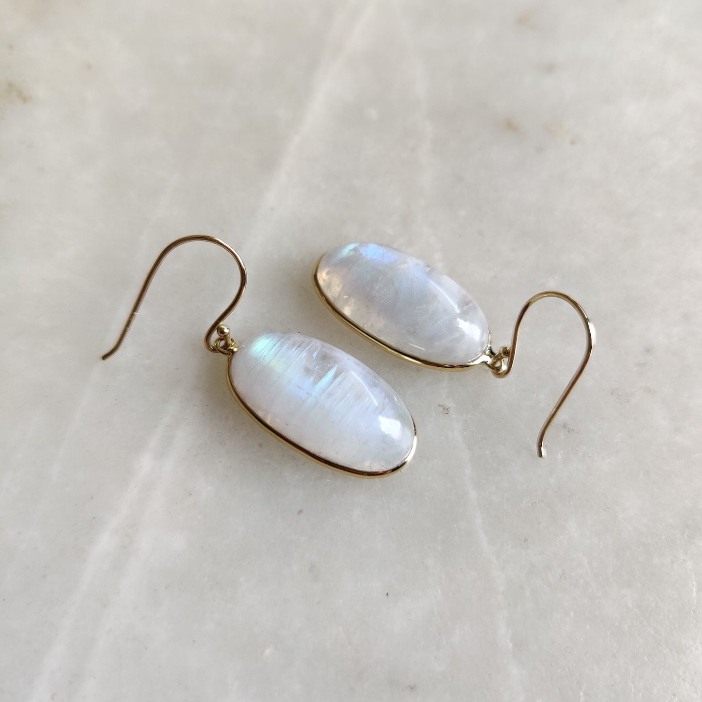 14K Gold Rainbow Moonstone Earrings, Natural Rainbow Moonstone Bezel Earring, 14K Solid Yellow Gold Earring, June Birthstone, Christmas Gift