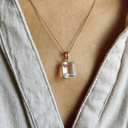 Natural Rose Quartz Pendant, 14K Solid Gold Rose Quartz Pendant, Rose Quartz Octagon Bezel Pendant, January Birthstone, Christmas Gift