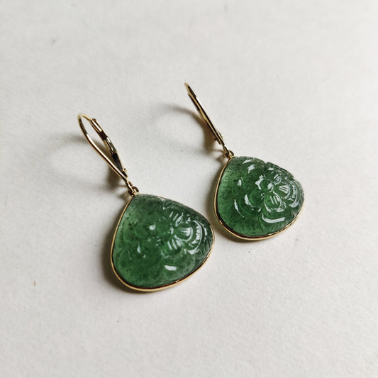 Pendientes tallados de aventurina verde en oro de 14 quilates, pendientes de cuarzo fresa, pendientes de oro amarillo macizo de 14 quilates, piedra natal de mayo, pendientes tallados,