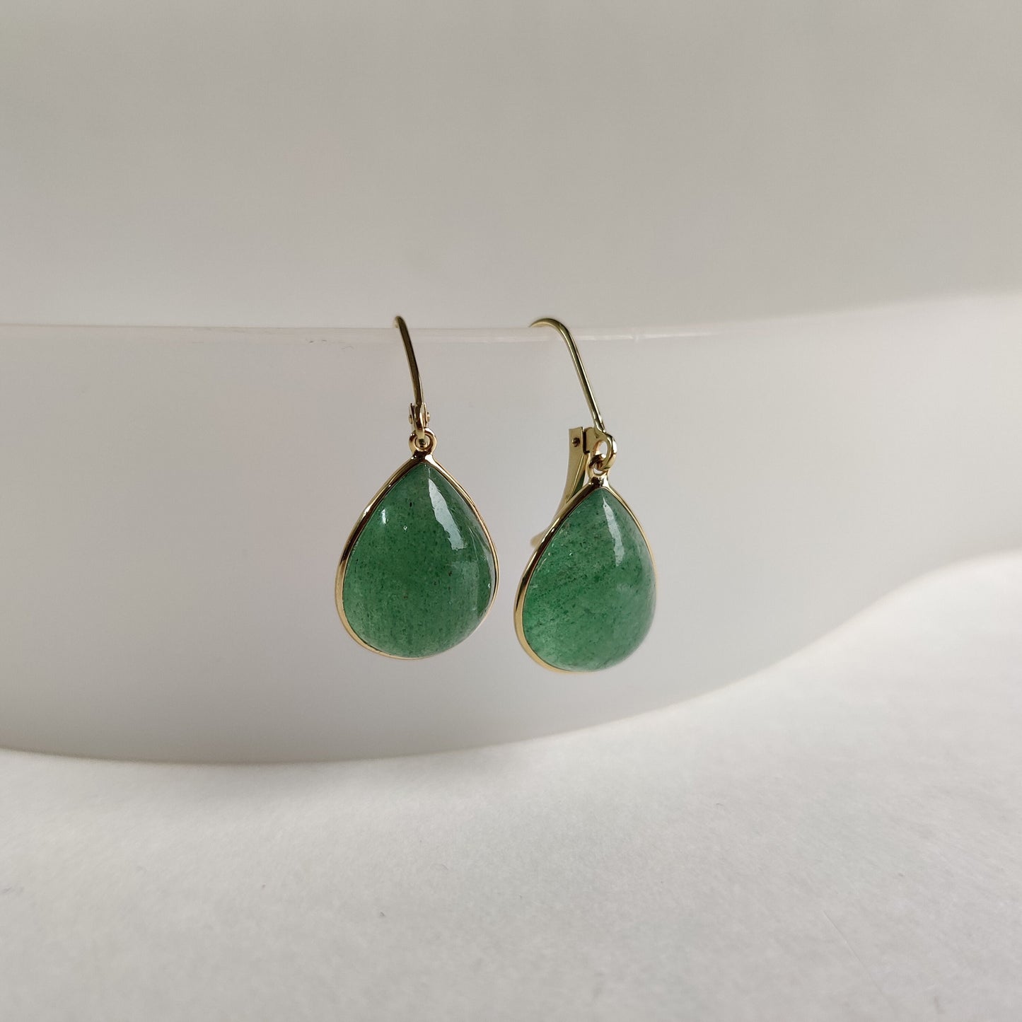 14K Gold Green Aventurine Earring, Strawberry Quartz Earrings, 14K Solid Yellow Gold Earrings, May Birthstone, Aventurine Jewelry