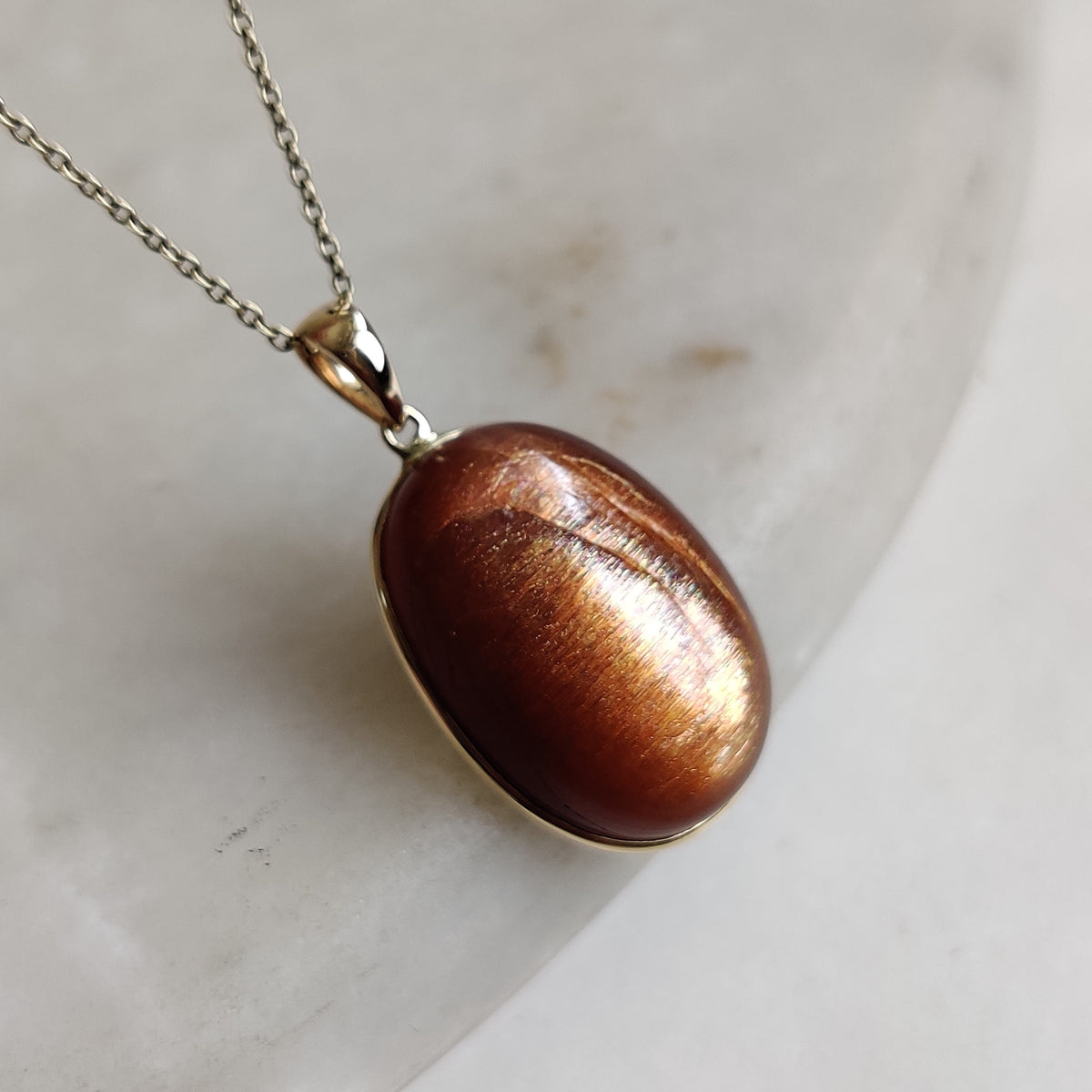 14K Solid Yellow Gold Natural Sunstone Pendant, July August Birthstone, Christmas Present
