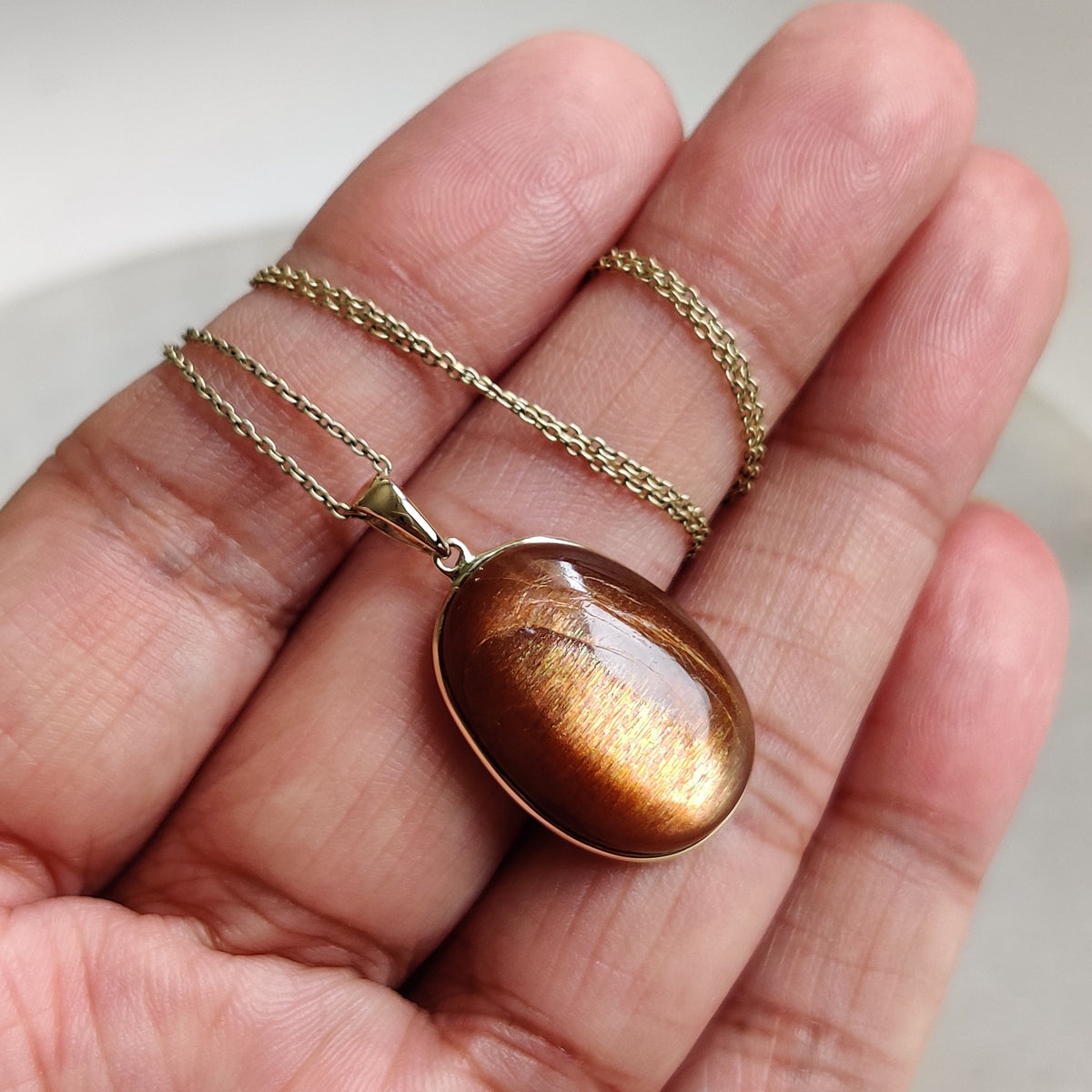 14K Solid Yellow Gold Natural Sunstone Pendant, July August Birthstone, Christmas Present