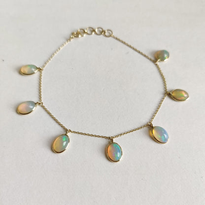 Natural Opal Bracelet, 14K Yellow Gold Opal Bracelet, Opal Chain Bracelet, Dainty Gemstone Bracelet, October Birthstone, Gold Bracelets