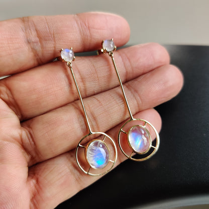 14K Gold Natural Rainbow Moonstone Earrings, 14K Solid Yellow Gold Earring, June Birthstone Earrings, Drop Earrings, Blue Moonstone Jewelry