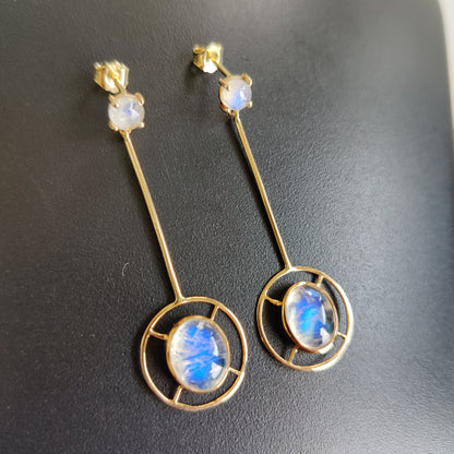 14K Gold Natural Rainbow Moonstone Earrings, 14K Solid Yellow Gold Earring, June Birthstone Earrings, Drop Earrings, Blue Moonstone Jewelry