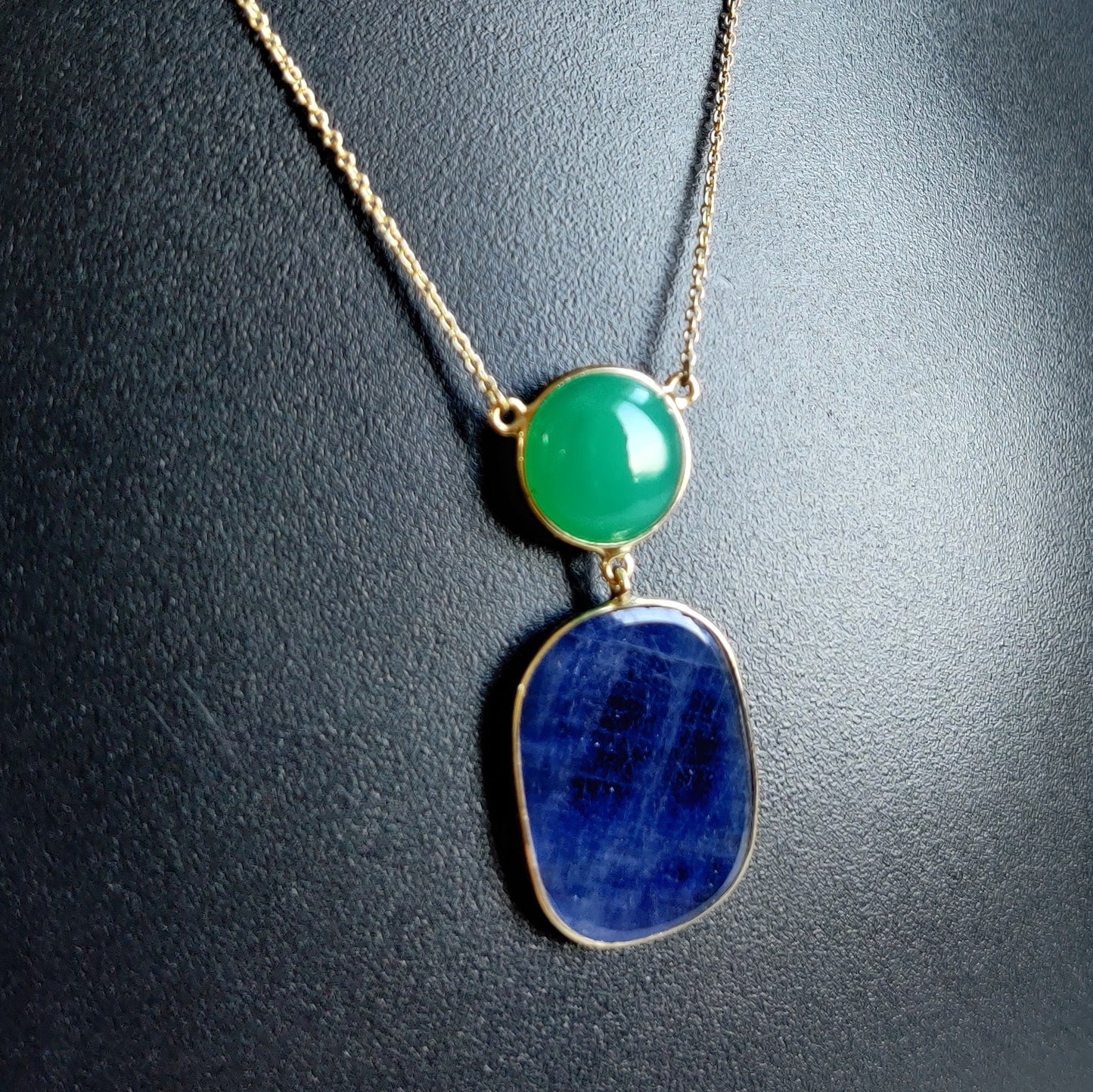 Natural Blue Sapphire Chryasoprase Necklace, 14K Solid Gold  BlueSapphire Chrysoprase Pendant, September Birthstone, Blue sapphire Jewelry