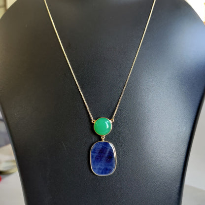 Natural Blue Sapphire Chryasoprase Necklace, 14K Solid Gold  BlueSapphire Chrysoprase Pendant, September Birthstone, Blue sapphire Jewelry