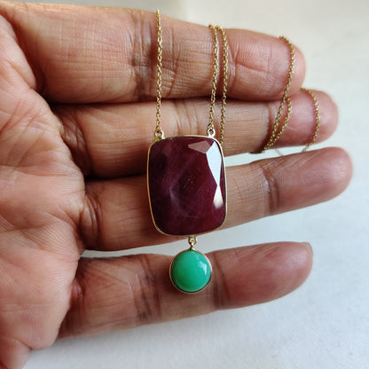 Natural Ruby Pendant, 14K Gold Ruby Chrysoprase Necklace, Solid Gold Pendant Necklace, July And June Birthstone, Christmas Present