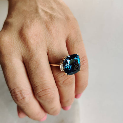 Natural London Blue Topaz Ring, 14K Solid Gold Ring, BlueTopaz Diamond Ring, December Birthstone, Statement Ring, London Blue Topaz Jewelry