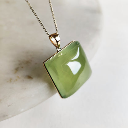 Natural Prehnite Pendant, 14K Solid Yellow Gold Prehnite Pendant, Gold Bezel Pendant, May June Birthstone, Birthday Gift, Prehnite Jewelry