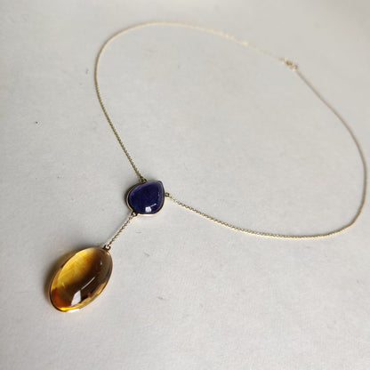 Natural Tanzanite Ctrine Necklace, 14K Yellow Gold Tanzanite Citrine Necklace, Citrine Tanzanite Necklace, November December Birthstone