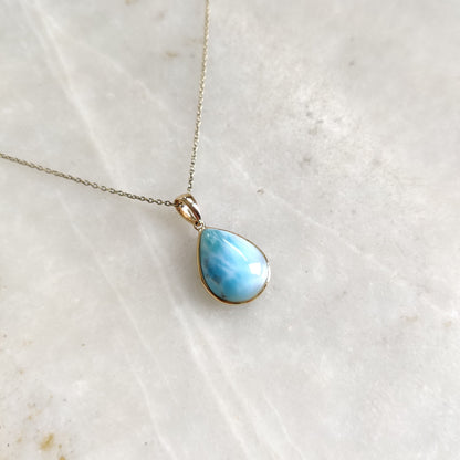 Natural Larimar Pendant, 14K Solid Gold Larimar Pendant, Solid Gold Pendant Necklace, March Birthstone, Christmas Gift, Bezel Pendant