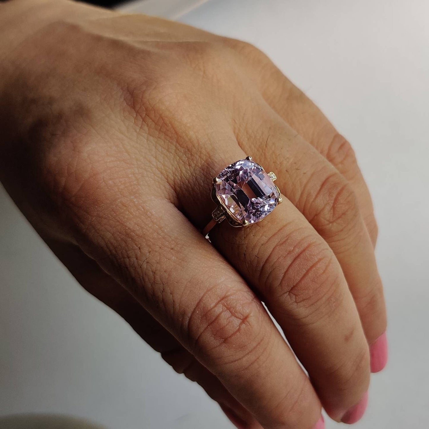 Natural Kunzite & Diamond Ring, 14K Solid Gold Diamond Ring, AAA Grade Kunzite Diamond Ring, October Birthstone, Kunzite Jewelry