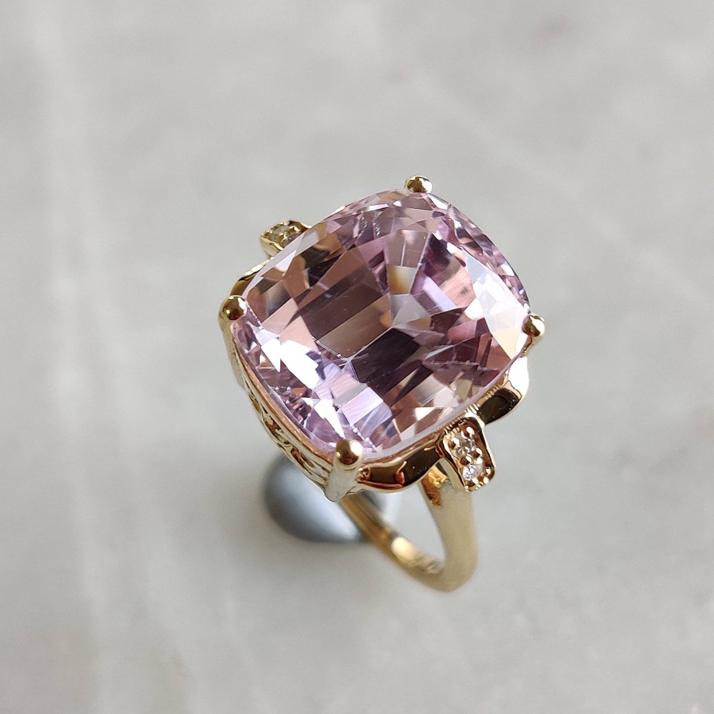 Natural Kunzite & Diamond Ring, 14K Solid Gold Diamond Ring, AAA Grade Kunzite Diamond Ring, October Birthstone, Kunzite Jewelry