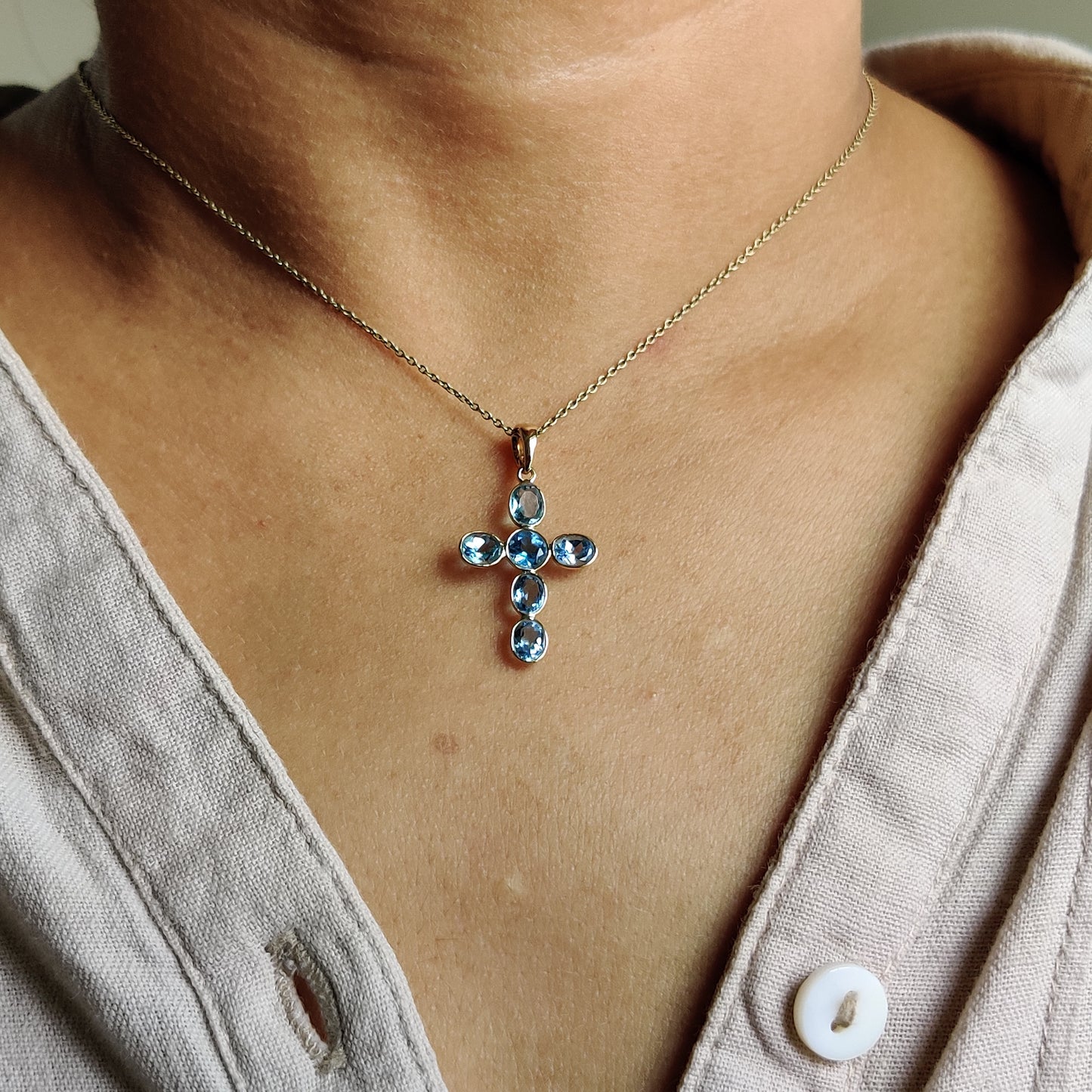 Natural Swiss Blue Topaz Pendant, 14K Solid Gold Blue Topaz Cross Pendant, Bezel Necklace, December Birthstone, Holy CrossTopaz Pendant,