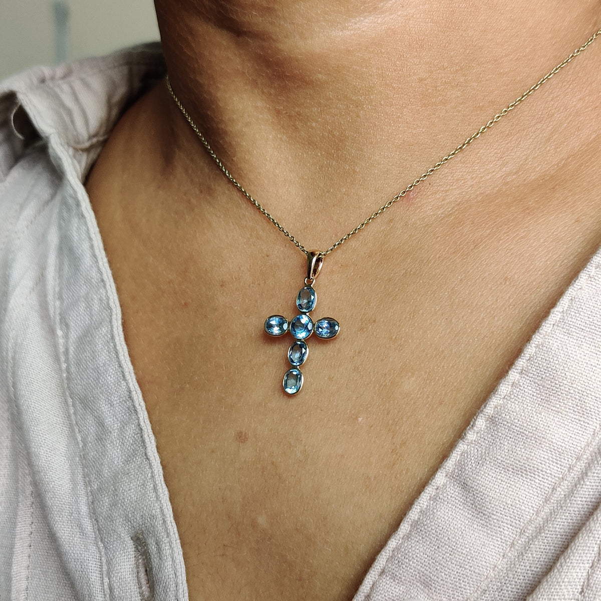 14K Solid Gold Natural Swiss Blue Topaz Cross Pendant, December Birthstone