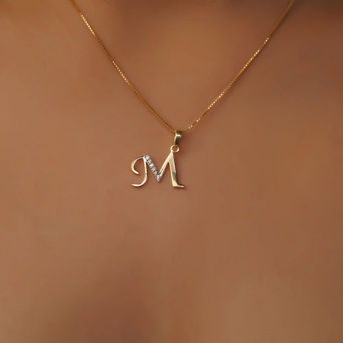 14K Gold Initial M Diamond Pendant, Solid Yellow Gold Charm