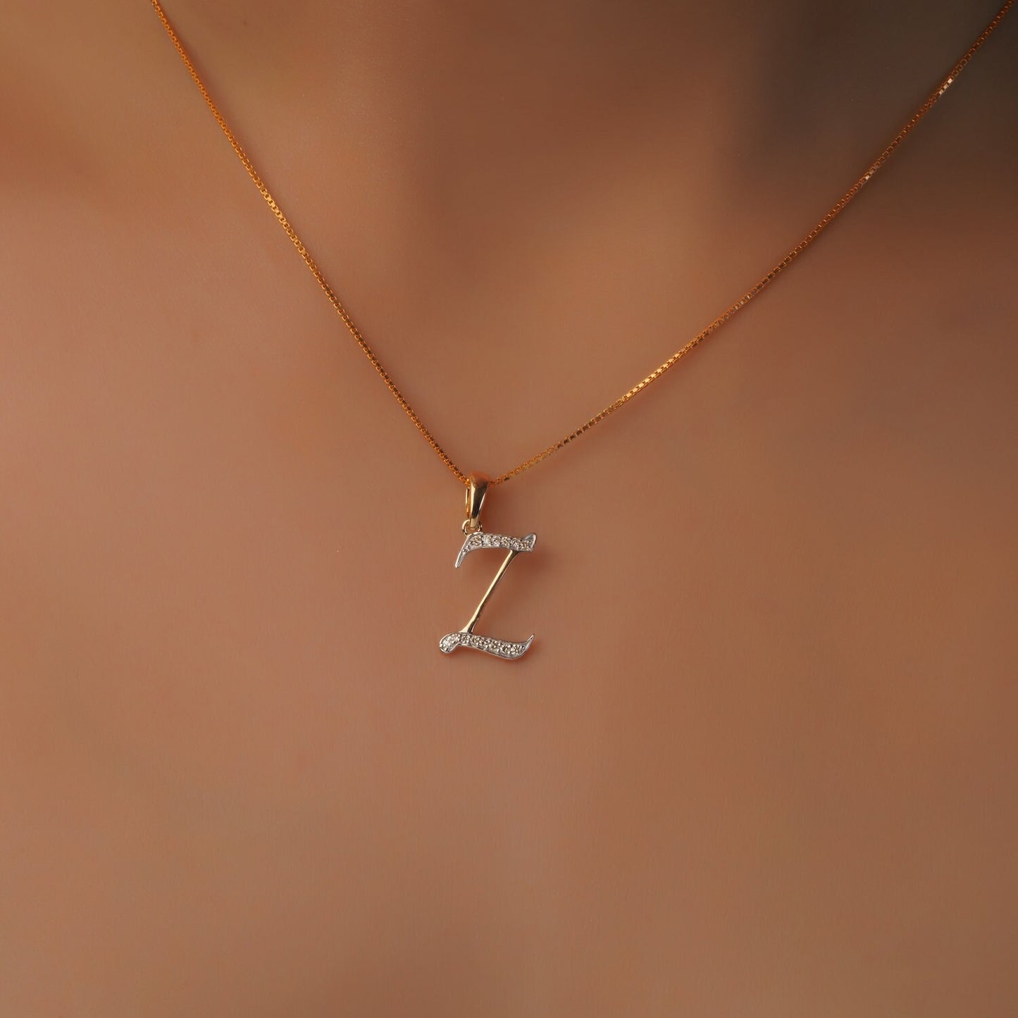 14K Gold Initial Z Pendant, Solid Yellow Gold Initial Z Charm Pendant, Natural Diamond Charm Pendant, Cluster Diamond Pendant, Birthday Gift