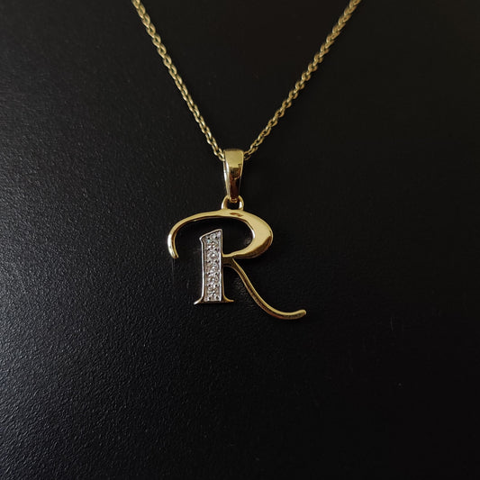 Colgante con inicial R en oro de 14 quilates, colgante con dije de inicial R en oro amarillo macizo, colgante con dije de diamante natural, colgante con diamantes en racimo, regalo de cumpleaños