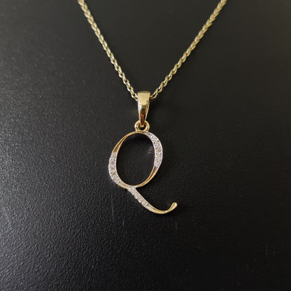 Colgante con inicial Q en oro de 14 quilates, colgante con dije de inicial Q en oro amarillo macizo, colgante con dije de diamante natural, colgante con diamantes en racimo, regalo de cumpleaños