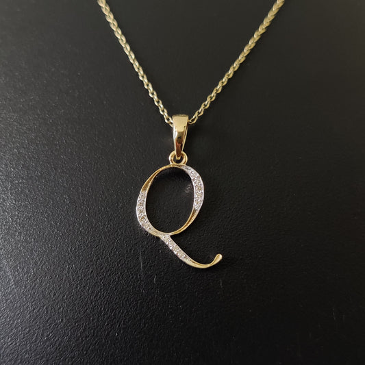 Colgante con inicial Q en oro de 14 quilates, colgante con dije de inicial Q en oro amarillo macizo, colgante con dije de diamante natural, colgante con diamantes en racimo, regalo de cumpleaños