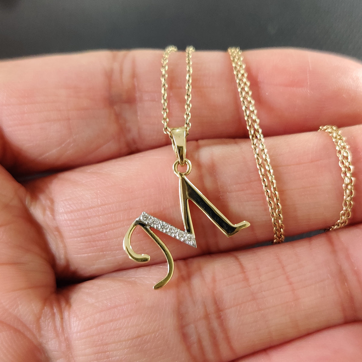 14K Gold Initial M Diamond Pendant, Solid Yellow Gold Charm