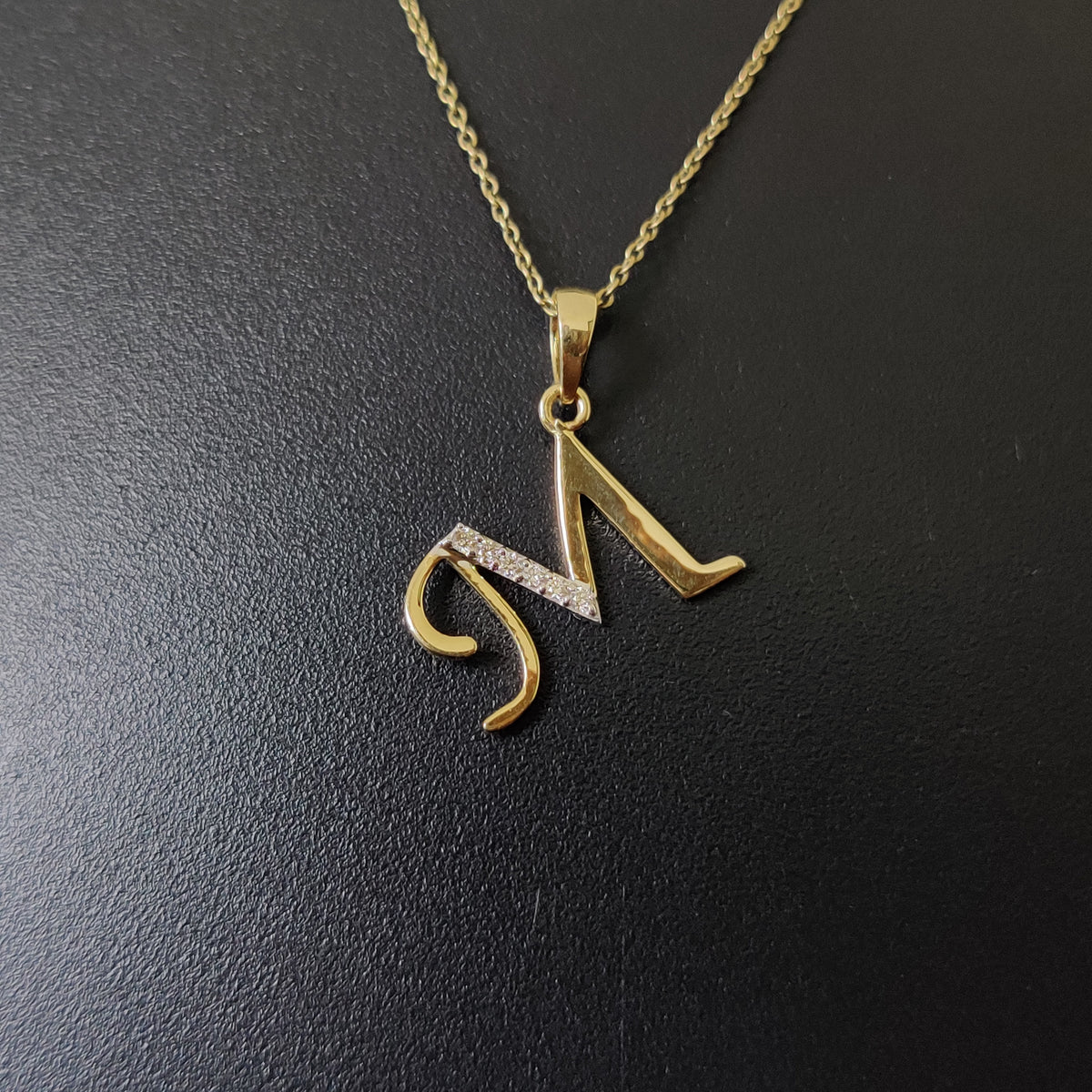 14K Gold Initial M Diamond Pendant, Solid Yellow Gold Charm