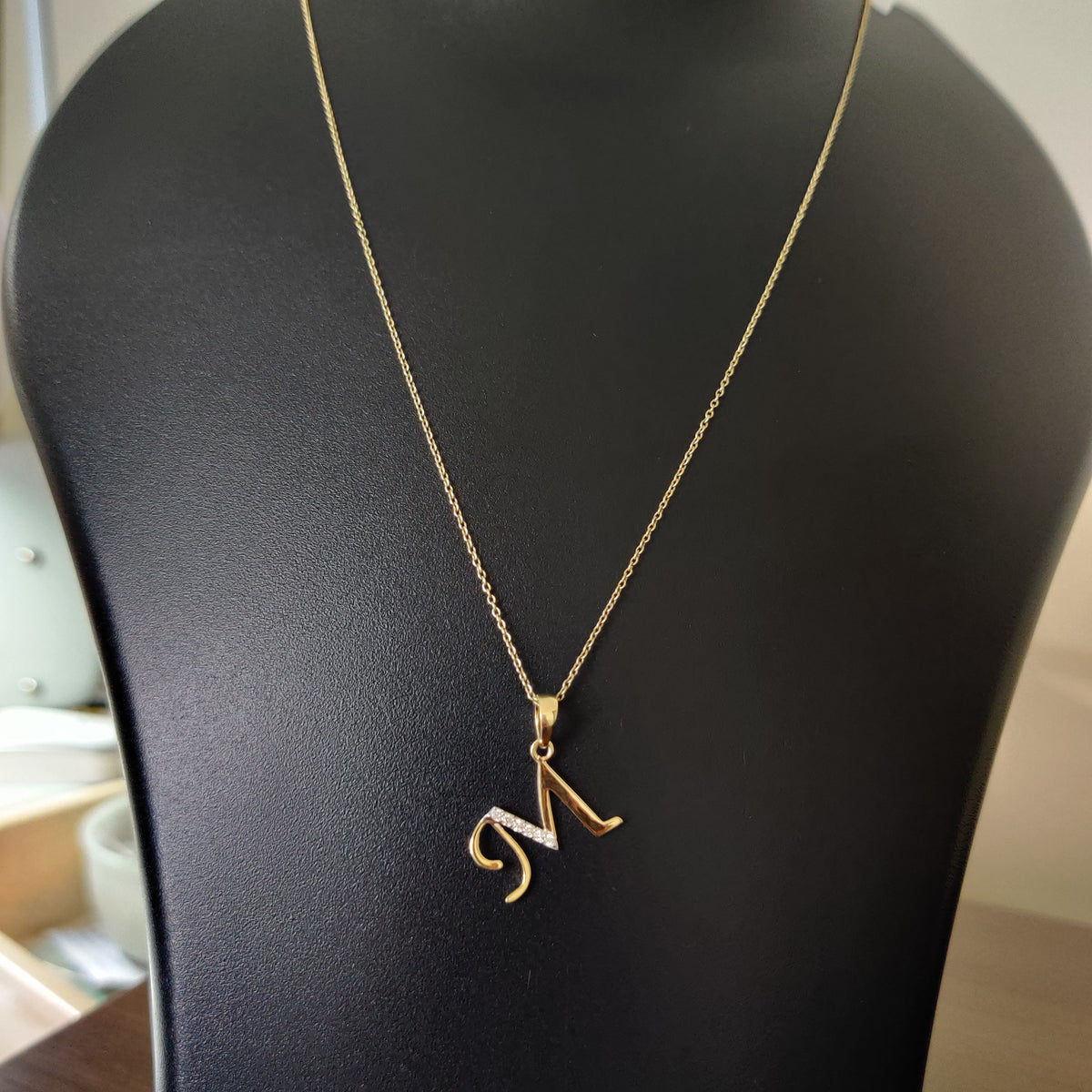 14K Gold Initial M Diamond Pendant, Solid Yellow Gold Charm