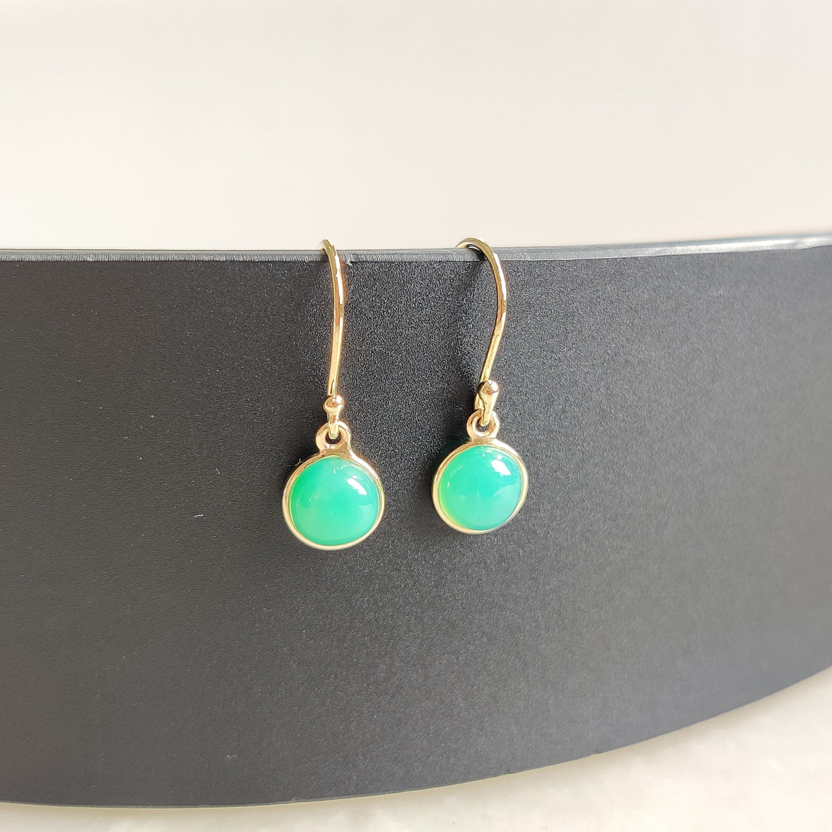 14K Solid Gold Natural Chrysoprase Earrings: Round May Birthstone Jewelry
