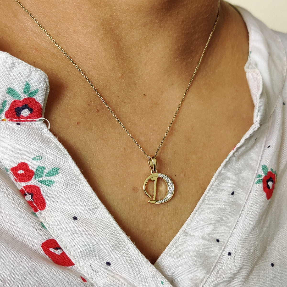 14K Solid Gold Initial D Diamond Pendant, Birthday Gift
