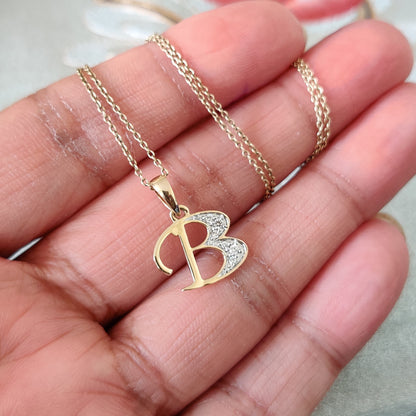 14K Gold Initial B Pendant, Solid Yellow Gold Initial B Charm Pendant, Natural Diamond Charm Pendant, Cluster Diamond Pendant, Birthday Gift