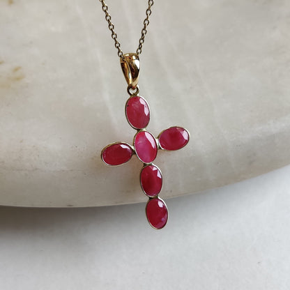 Natural Ruby Pendant, Holy Cross Pendant, 14K Solid Gold Ruby Pendant, Ruby Jewelry, July Birthstone, Christmas Gifts, Cross Gold Pendant