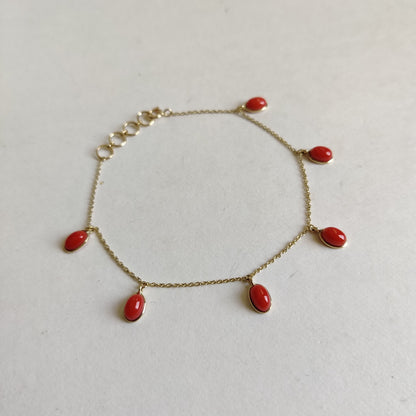 Natural Coral Bracelet, 14K Yellow Gold Coral Bracelet, Chain Bracelet, Dainty Gemstone Bracelet, October Birthstone, Christmas Gift