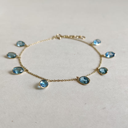 Natural Swiss Blue Topaz Bracelet, 14K Solid Yellow Gold Swiss Blue Topaz Bracelet, Chain Bracelet, Blue Topaz Bracelet, December Birthstone