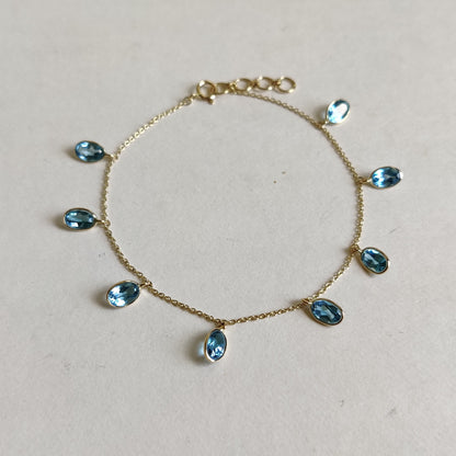 Natural Swiss Blue Topaz Bracelet, 14K Solid Yellow Gold Swiss Blue Topaz Bracelet, Chain Bracelet, Blue Topaz Bracelet, December Birthstone