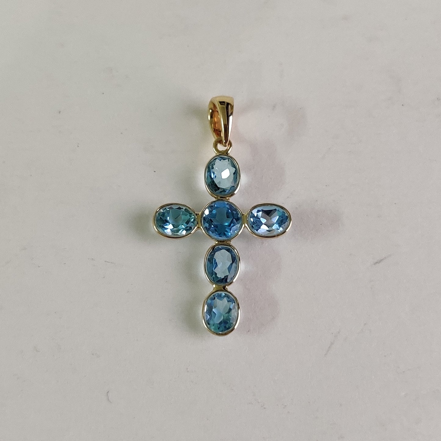 Natural Swiss Blue Topaz Pendant, 14K Solid Gold Blue Topaz Cross Pendant, Bezel Necklace, December Birthstone, Holy CrossTopaz Pendant,