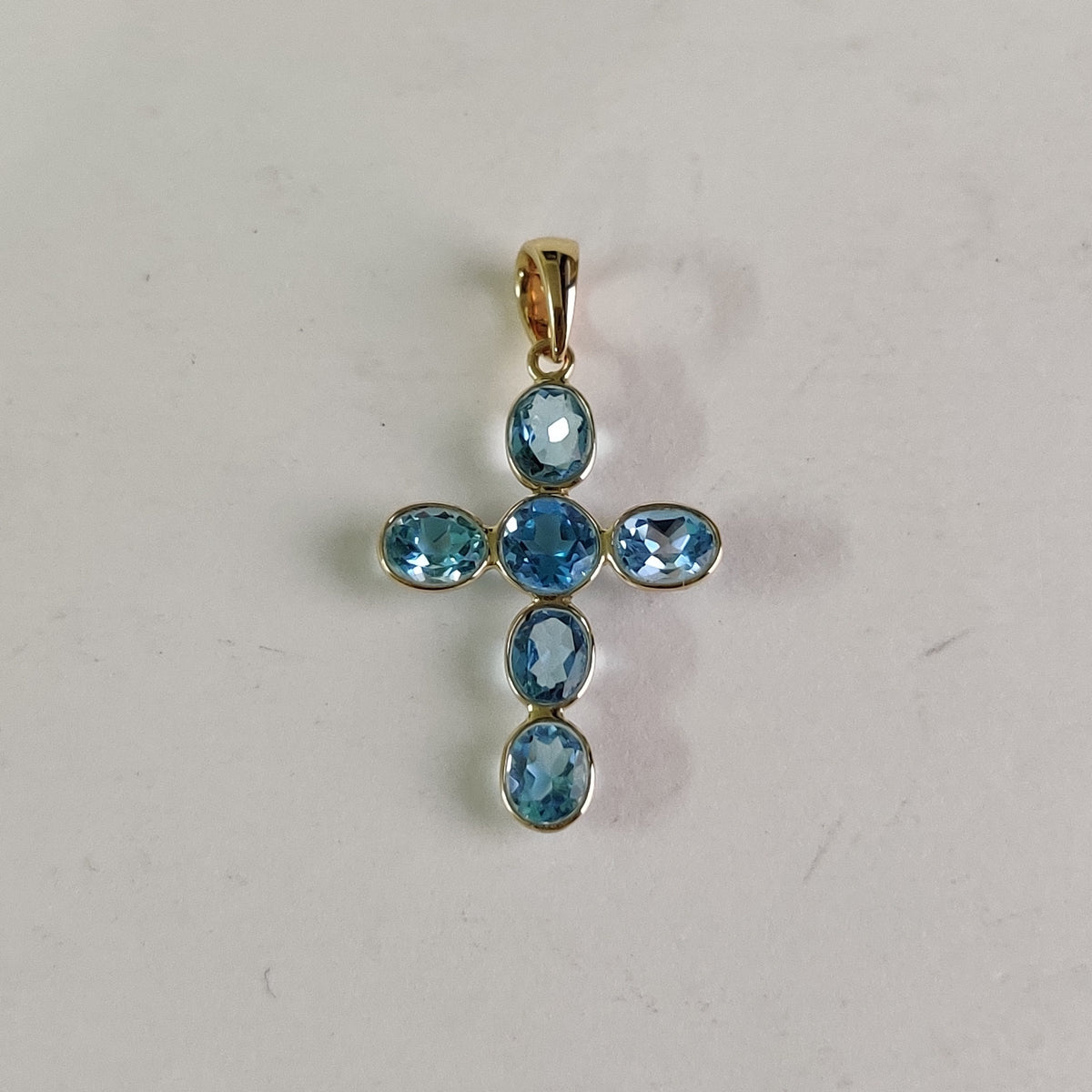 14K Solid Gold Natural Swiss Blue Topaz Cross Pendant, December Birthstone