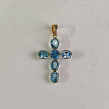 14K Solid Gold Natural Swiss Blue Topaz Cross Pendant, December Birthstone