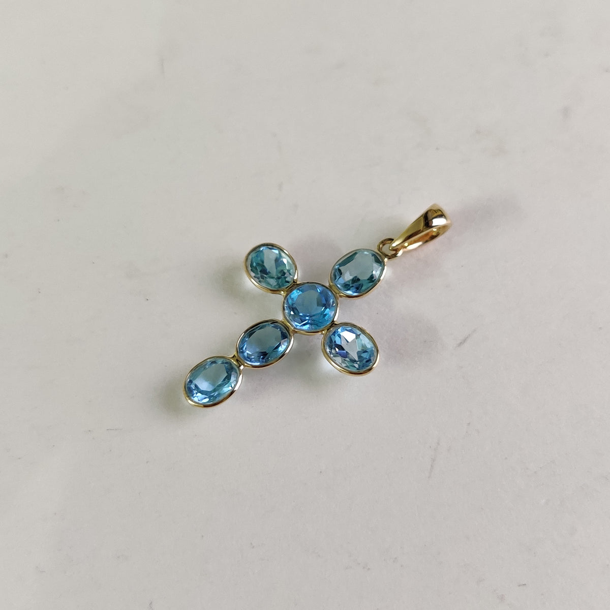 14K Solid Gold Natural Swiss Blue Topaz Cross Pendant, December Birthstone