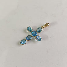 14K Solid Gold Natural Swiss Blue Topaz Cross Pendant, December Birthstone