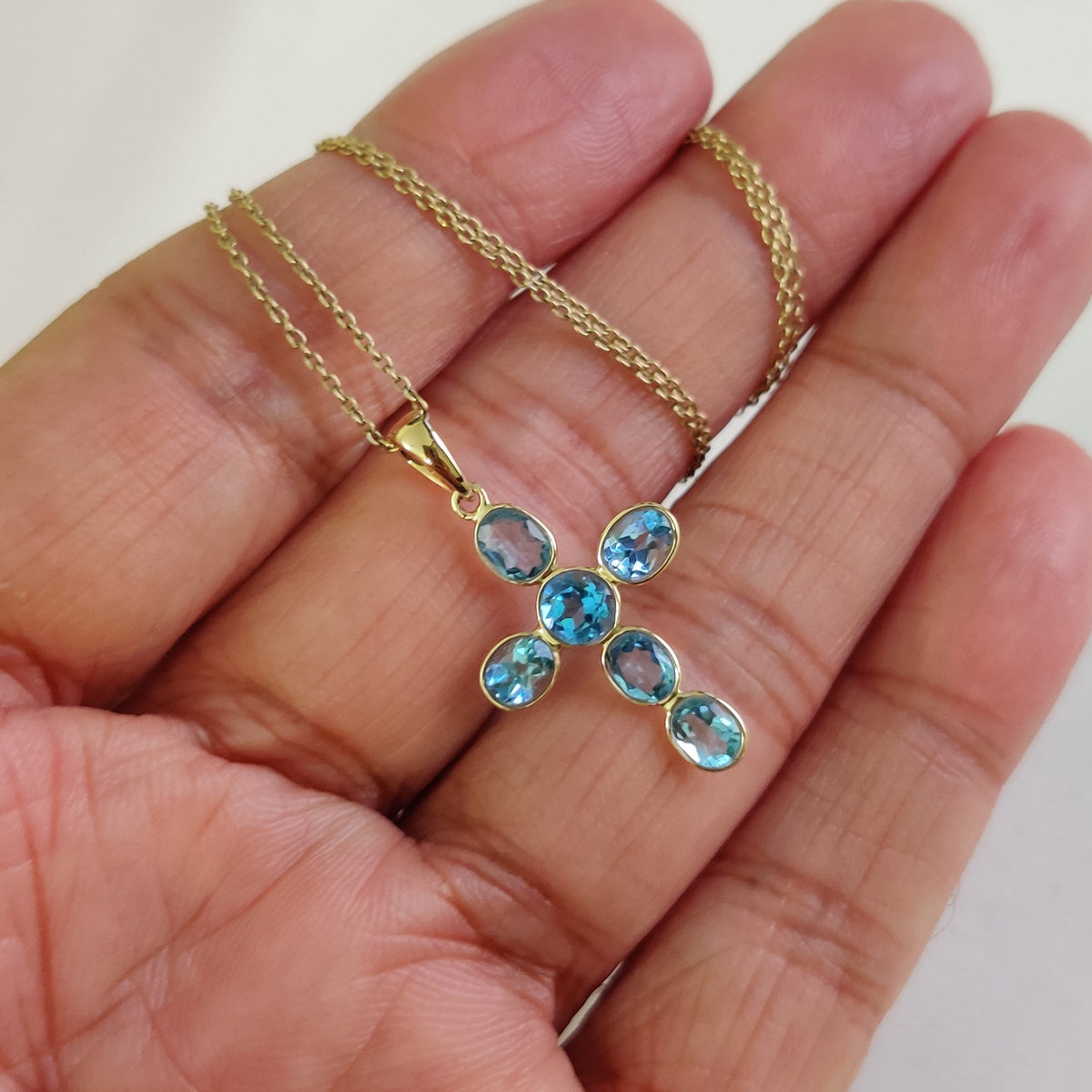 14K Solid Gold Natural Swiss Blue Topaz Cross Pendant, December Birthstone