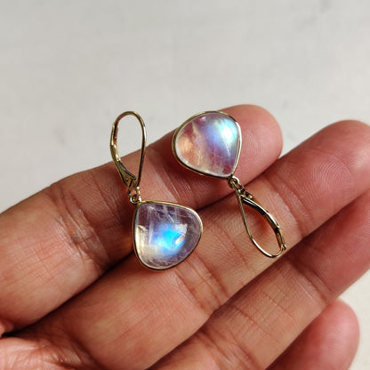 14K Gold Rainbow Moonstone Earrings, Natural Rainbow Moonstone Bezel Earrings, 14K Solid Yellow Gold Moonstone Earrings, June Birthstone