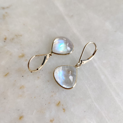 14K Gold Rainbow Moonstone Earrings, Natural Rainbow Moonstone Bezel Earrings, 14K Solid Yellow Gold Moonstone Earrings, June Birthstone