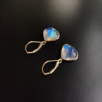 14K Gold Rainbow Moonstone Earrings, Natural Rainbow Moonstone Bezel Earrings, 14K Solid Yellow Gold Moonstone Earrings, June Birthstone